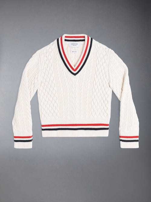 ARAN CABLE CRICKET STRIPE V-NECK PULLOVER