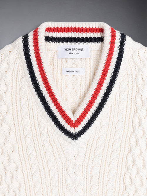 ARAN CABLE CRICKET STRIPE V-NECK PULLOVER