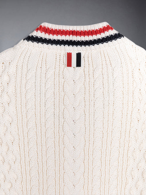 ARAN CABLE CRICKET STRIPE V-NECK PULLOVER