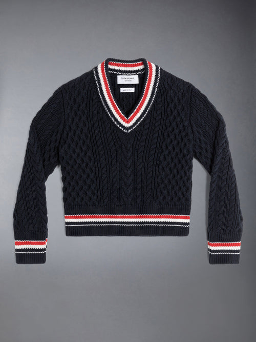 ARAN CABLE CRICKET STRIPE V-NECK PULLOVER