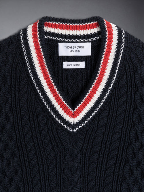 ARAN CABLE CRICKET STRIPE V-NECK PULLOVER