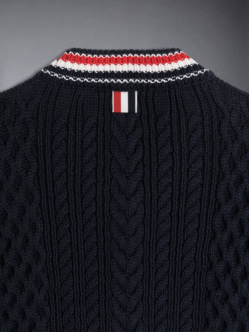 ARAN CABLE CRICKET STRIPE V-NECK PULLOVER