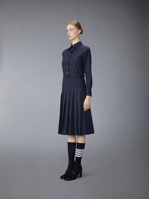 STRIPE COTTON FLANNEL MIDI PLEATED BOTTOM BELTED DRESS