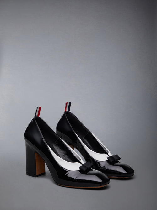 PATENT VITELLINO GOODDYEAR LEATHER SOLE BOW AND COLLAR HEEL COURT SHOES