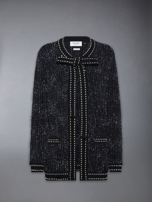 EYELASH TWEED JACQUARD NECK TIE CARDIGAN