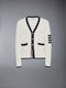 COTTON 4-BAR VARIGATED V NECK CARDIGAN - WHITE