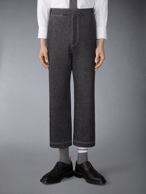 WASHED DENIM CONTRAST TOPSTITCHING UNCONSTRUCTED STRAIGHT LEG TROUSERS