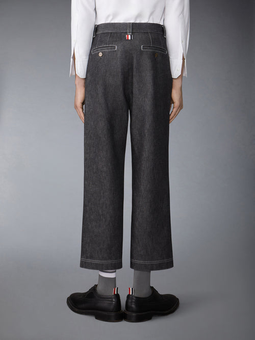 WASHED DENIM CONTRAST TOPSTITCHING UNCONSTRUCTED STRAIGHT LEG TROUSERS